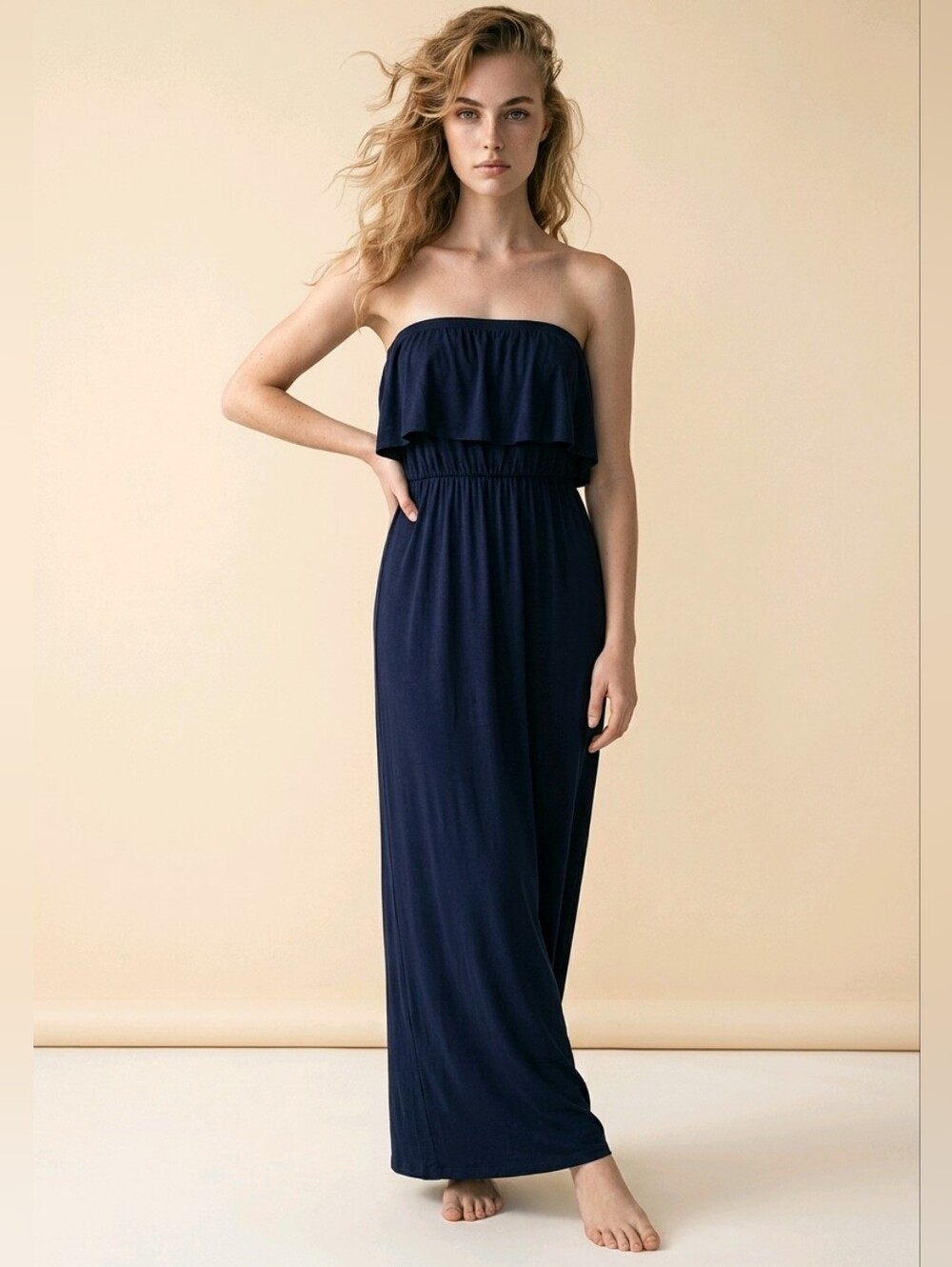 🙋Trendyland blue strapless maxi dress with ruffle elastic overlay Sz XS